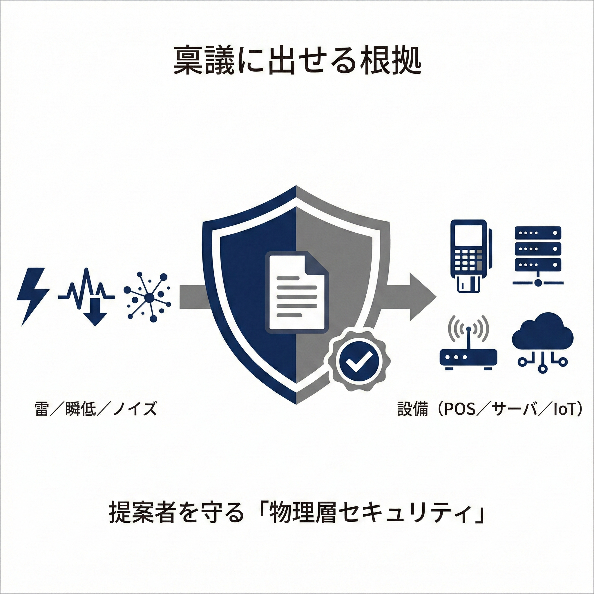 稟議に出せる根拠：雷・瞬低・ノイズから設備（POS・サーバ・IoT）を守る物理層セキュリティの文書化イメージ