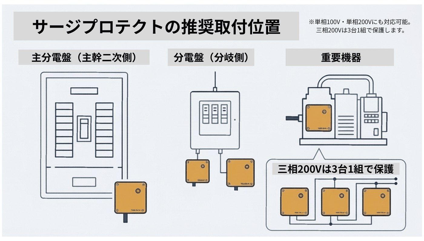 サージプロテクトの推奨取付位置：主分電盤（主幹二次側）・分電盤（分岐側）・重要機器への設置イメージ。三相200Vは3台1組で保護